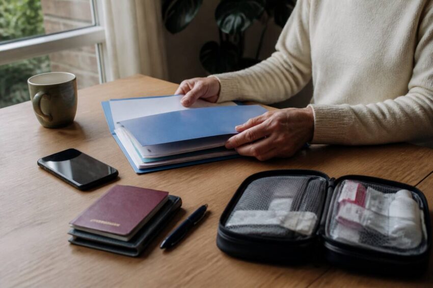 Een vakantiedossier met checklist en documenten op een tafel, klaar om snel informatie terug te vinden.