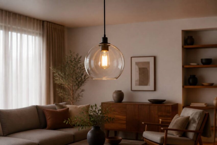 Glazen hanglamp in een moderne woonkamer met warm licht