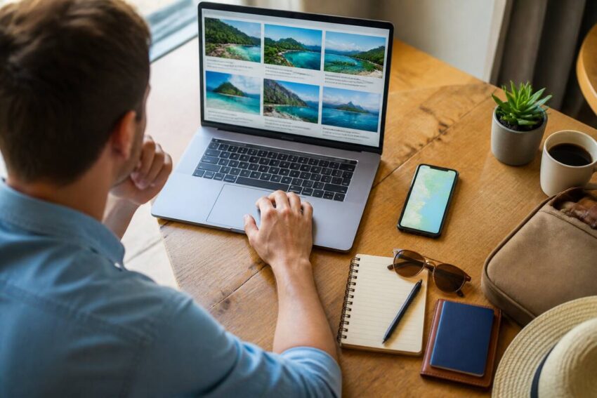 Reiziger die vakanties vergelijkt op een laptop met een telefoon en reisnotities