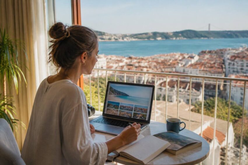 Iemand vergelijkt vakantieopties op een laptop met een reisgids en notities