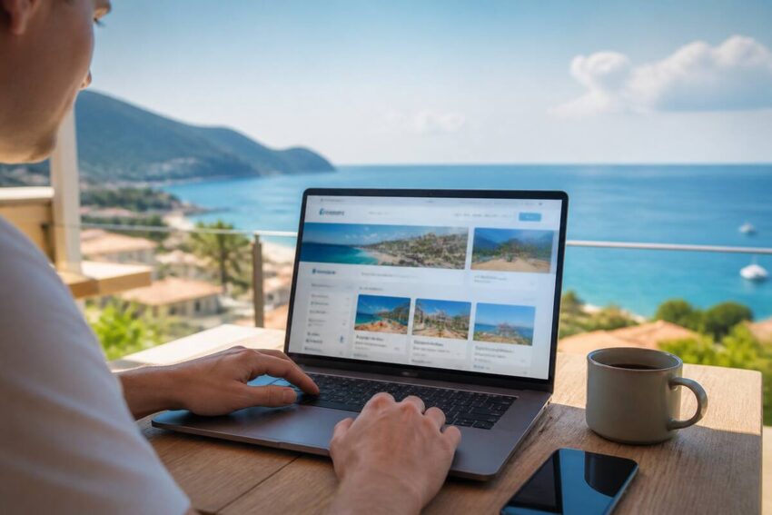 Iemand vergelijkt reizen en vakanties op een laptop bij een raam met uitzicht op een vakantieachtige setting