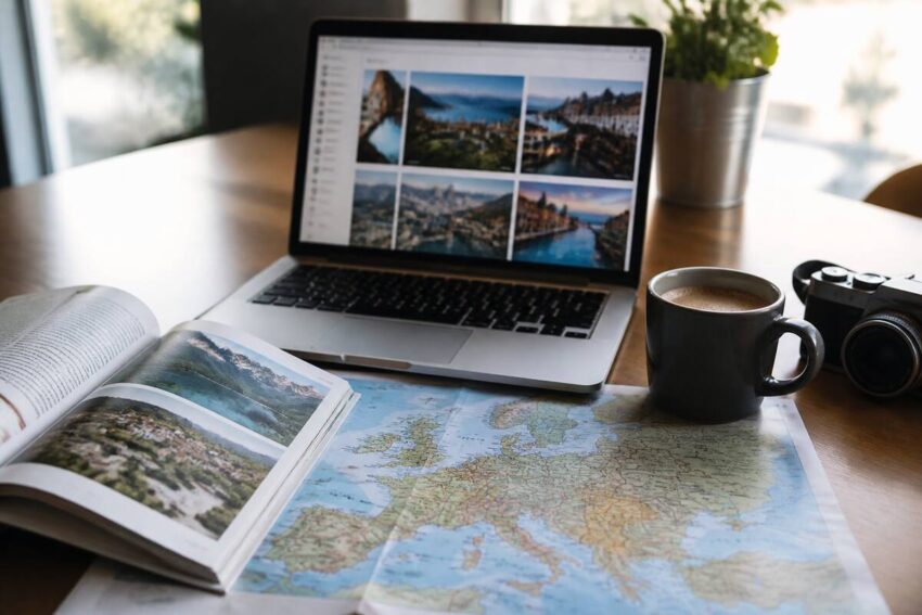 Vergelijking van reisopties op een laptop met reisgids en wereldkaart op tafel