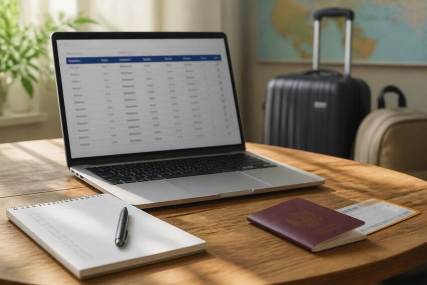 Een checklist op een reisbureau tijdens het vergelijken van vakanties