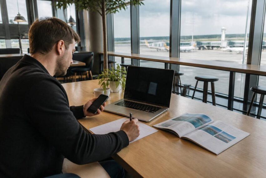 Iemand vergelijkt vakanties met laptop en lijstje met aandachtspunten