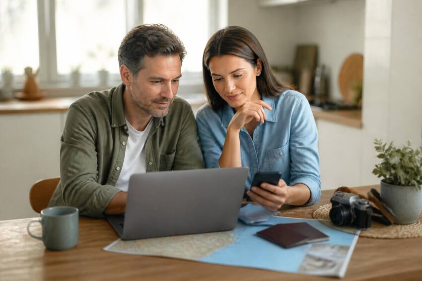 Een stel dat met laptop en smartphone vakanties vergelijkt aan een houten tafel