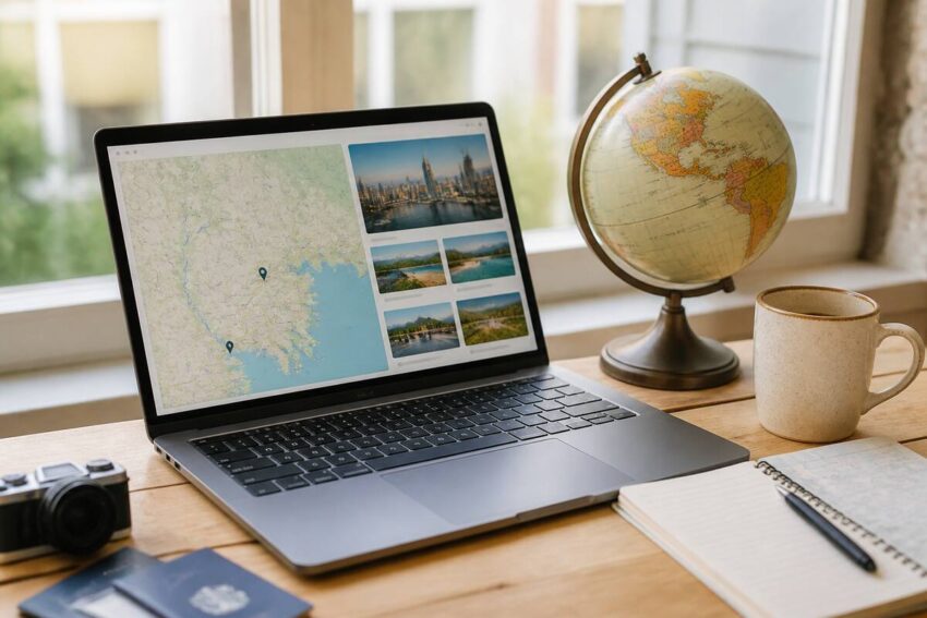 Reiziger die vakanties vergelijkt op een laptop met kaart en reisinspiratie (zonder tekst in beeld).