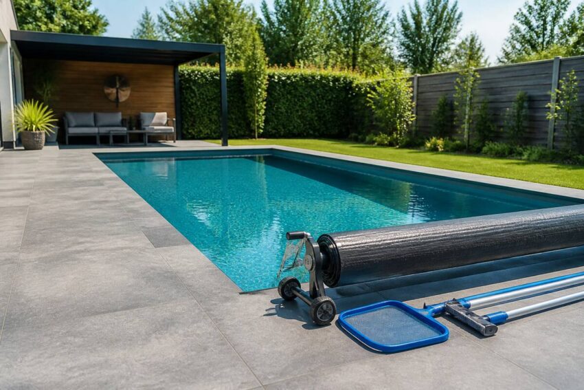 Rechthoekig zwembad in een moderne achtertuin met terras en accessoires, fotorealistisch beeld zonder tekst